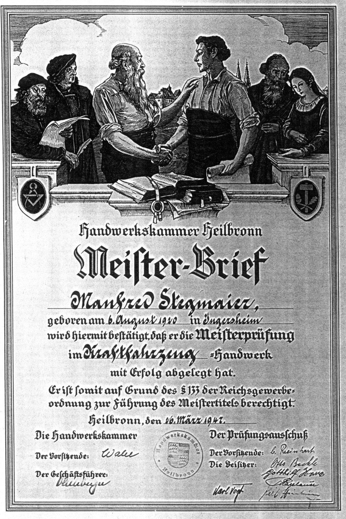 Meisterbrief Hermann Stegmaier